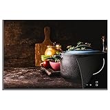 KitchenYeah© Herdabdeckplatte Einteilig Küche Herdabdeckung Ceranfeld Herdabdeckplatten Anti Rutsch Matte Aufrollbar Obst - Rustikal - Tomaten - Pfanne - Gemüse - 77x51 cm