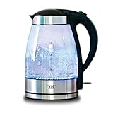 KHG Wasserkocher WK-176GE aus Glas mit blauem LED für 1,7 Liter Wasser | 2.200 Watt | BPA-frei | Kalkfilter | 360° Sockel | verdecktes Heizelement | Trockengehschutz | Transparent Schwarz Silber