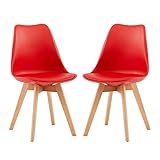 EGGREE 2er Set Esszimmerstühle mit Massivholz Buche Bein, Skandinavisch Design Gepolsterter aus PU-Leder Küchenstuhl Essstühle, Rot
