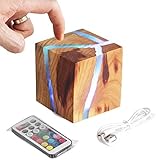 FEE-ZC Mini-LED-Nachttischlampe, USB/batteriebetrieben, Fernbedienung/Touch-Steuerung, Wandhalterung, dimmbar, Farbwechsel, Holzwürfel