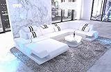 Wohnlandschaft Venedig U Form Sofa in Leder - mit LED Beleuchtung, verstellbare Kopfstützen, Recamiere/Lederfarben wählbar/Ausrichtung wählbar (Ottomane Links, Weiß-Schwarz)
