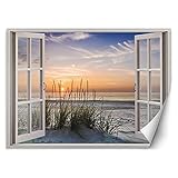 Feeby Vlies Fototapete Fensterblick Meer Strand Sand 3D Illusion 210x150 cm Beige Modern Wandtapete Tapeten Wandekoration Wohnzimmer Schlafzimmer Küche Büro Flur Sonnenuntergang See