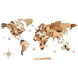 Creawoo Hölzerne 3D Weltkarte Wanddekoration, Mehrschichtige Natürliche Massive Hölzerne Karte Wandnust für Haus & Büro, Mehrfarbige Reisekarte aus Holz, Perfekt für Kreatives Geschenk-150x85cm