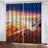 Thermovorhang Wohnzimmer Modern, 3D Weißes Flugzeug Am Himmel Muster Vorhang Blickdicht Schlafzimmer, Verdunklungsvorhänge Kinderzimmer Fensterdekoration, Gardinen Küche Mit Ösen 2Er Set 230X234cm