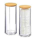Relaxdays Wattepads Aufbewahrung 2er Set, Acryl, Bambus, Bad, Wattepadspender mit Deckel, HxD: 17,5x7,5cm, klar/Natur