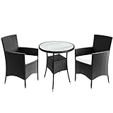 Casaria Polyrattan Balkonset 3 teilig Stühle Stapelbar 7cm Auflagen 5mm Sicherheitsglas Wetterfest Garten Terrasse Balkon Sitzgruppe Gartenmöbel schwarz