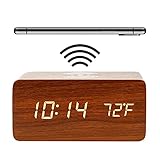 Holz Wecker mit Ladestation, Wecker Digital mit Thermometer, 3 Weckzeiten Digital Uhr, Digitaler Wecker Ohne Ticken, Tischuhr Alarm Clock Batteriebetrieben und USB, Digitale Uhr mit Leuchtziffern