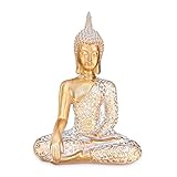 dszapaci Buddha Statue Gold 30cm Dekofigur sitzend mit weißem Muster Buddha Deko Figur klein