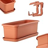 KADAX Blumenkasten mit Untersatz und Balkonkastenhalterung, Balkonkasten aus Kunststoff, Pflanzkasten für Innen- und Außenbereiche, Blumentopf für Balkon (40cm, Terracotta)