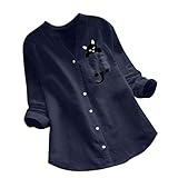 Leinenbluse Damen Sommer,Langarm Baumwolle Leinen Bluse Knopfleiste Oberteile Tops Elegant T Shirt Leinenoberteile Einfarbig Blusenshirt V Ausschnitt Hemdbluse Tunika Langarmshirt Oversize Longbluse