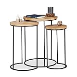 Relaxdays Beistelltisch 3er Set, runde Ablage, Satztische in 3 Größen, ineinander stellbar, Metall und Mangoholz, natur, H x D: ca. 56 x 41 cm