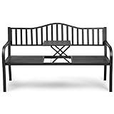GYMAX Gartenbank für 2-3 Sitzer Metall Sitzbank mit ausziehbarem Mitteltisch 150 x 59 x 91 cm