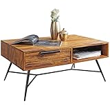 FineBuy Couchtisch Nishan 87 x 41 x 55 cm Sheesham Massiv Holz | Design Holztisch mit Stauraum und Schublade | Massivholztisch Wohnzimmer | Retro-Industrial Wohnzimmertisch mit Metallbeinen