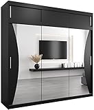 Kryspol Schwebetürenschrank Monaco 250 cm mit Spiegel Kleiderschrank mit Kleiderstange und Einlegeboden Schlafzimmer- Wohnzimmerschrank Schiebetüren Modern Design (Schwarz mit Erweiterung)