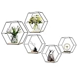 LMYDIDO 5er-Set Hexagon Wandregal Hängeregal, Metall und Holz Schweberegal Wandaufbewahrung Organizer für Küchenregal, Badezimmer, Schlafzimmer, Wanddekoration