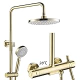 Shower Set Duschsystem Gebürstetes Gold, Duscharmatur mit Thermostat, Regendusche Wandhalterung Brausegarnitur Duschset mit Duschkopf, ABS Handbrause, Wasserfall Badewannenarmatur