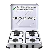 Gaskocher, 4-fl. 50 mbar mit Deckel, weiss Rost u. Brennerdeckel schwarz emailliert