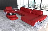 Ledersofa Ferrara als U-Form Wohnlandschaft mit USB Beleuchtung Sofa mit Kopfstützen Designersofa Couch (Ottomane rechts, Rot-Schwarz)