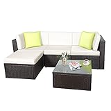 GOJOOASIS Polyratten Lounge 5 Teilig Sitzgruppe 200cm Garten möbel Garnitur 4 Personen Balkonset in Braun-schwarz mit beigen Bezügen und grünen Kopfkissen Outdoor für Terrassen Balkon Garten(2 Pakete)