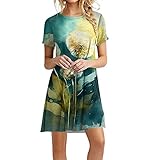 Damen Sommer Vintage Blumendruck Lose Rundhals Kurzarm Kleid Sommer Bedruckt Kleid MI503UK93, cyan, XX-Large