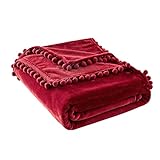 MIULEE Kuscheldecke Fleecedecke Flanell Decke mit Pompoms Einfarbig Wohndecken Couchdecke Flauschig Überwurf Mikrofaser Tagesdecke Sofadecke Blanket, 125x150cm, Weinrot