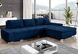 Furnix Ecksofa Tommaso mit Schlaffunktion und Bettkasten - Couch Sofa mit Kissen - L-Form Sofa, Stellfüße in Chromoptik - B297 x T210 x H85 cm, Liegefläche 255 x 150 cm - MH77 (blau)