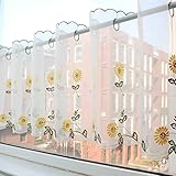 Voile Transparent Vorhang mit Sonnenblume Bestickte Landhaus Scheibengardine, 65cm Höhe Gelbe Blumen Spitzengardinen Bistrogardine, Gardine Fensterschal für Wohnzimmer, Schlafzimmer, Küche, 65x180cm