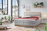 Belanoti Age Boxspringbett 180x200 Eiche 7-Zonen Taschenfederkern Matratze inkl Visco Topper Bett 180x200 in der Farbe Hellgrau H2/H3 Polsterbett Hotelbett mit Massivholz Eiche Massivholzbett