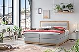 Belanoti Age Boxspringbett 180x200 Eiche 7-Zonen Taschenfederkern Matratze inkl Visco Topper Bett 180x200 in der Farbe Hellgrau H2/H3 Polsterbett Hotelbett mit Massivholz Eiche Massivholzbett