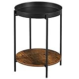VASAGLE Beistelltisch, 2 Ebenen, Couchtisch, rund, abnehmbare Schale, Metallgestell, für Wohn- und Schlafzimmer, vintagebraun-schwarz LET221B01