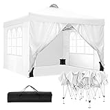 TOOLUCK Faltpavillon 3x3 Wasserdicht Stabil Baldachin Pavillon 3x3 Partyzelt Gartenpavillon mit Entlüftung, 4 Seitenteilen, 4 Sandsack, Weiß