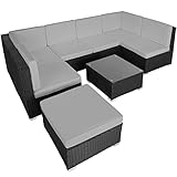 TecTake 800762 XXL Poly Rattan Sitzgruppe Venedig, 6 Sitze 1 Tisch 1 Hocker mit Edelstahlschrauben, extra Dicke Sitzkissen (Schwarz-Grau | Nr. 404297)