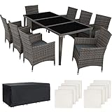 TecTake Aluminium Poly Rattan Gartenmöbel Set 8 Stühle mit Tisch mit Glasplatten, inkl. 2 Bezugssets und Schutzhülle, wetterfeste Balkon Möbel - grau