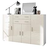 Vladon Highboard Anrichte Aron mit 8 Fächern und 2 Schubladen, Korpus in Weiß matt/Fronten in Creme Hochglanz