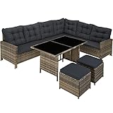 TecTake 800824 Polyrattan Lounge Set für Garten und Terrasse, Gartenmöbel Set mit Sofa, Hocker + Tisch, 5-teilige Sitzgruppe, inkl. Sitz- & Rückenkissen (Natur-Dunkelgrau | Nr. 404399)