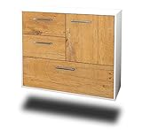 Lqliving Sideboard Rancho Cucamonga, Korpus in Weiss matt, Front im Holz-Design Eiche (92x77x35cm), inkl. Metall Griffen, Wandmontage, Made in Germany Wandmontage, Made in Germany