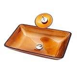 SHUGUANG Gehärtetes Glas Waschbecken, Aufsatzwaschbecken Rechteckig Glas Aufsatz Waschschale, Waschschale Waschtisch Set mit Wasserfall Wasserhahn, Ablaufwasser Set, 570×370×110mm,Orange b