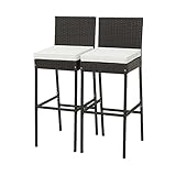 KOMFOTTEU Rattan Barhocker, Barstuhl Bistrohocker mit Kissen & Rückenlehnen, Tresenhocker mit Fußstütze, Bistrohocker bis 180 kg belastbar für Balkon Garten Terrasse (2 Stück)