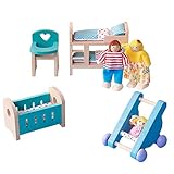 HUAJIA Holzpuppe Hauszubehör Möbel Babyzimmer Set Miniaturmodelle DIY Zusammengebautes Spielzeug Mit Stuhl Bett Kinderwagen Für Kinder Mädchen