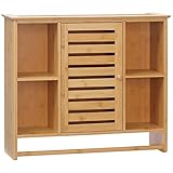 kleankin Badezimmerschrank, Wandschrank mit Handtuchalter, Hängeschrank mit Lamellentür, Mehrzweckschrank aus Bambus, Badschrank, Wandmontage, Naturholz, 65 x 17,8 x 54,6 cm