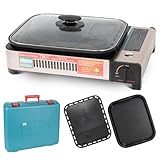2in1 Gas Kocher Campingkocher + Grillplatte + Grillpfanne Gasgrill Outdoor Camping Kocher Herd Gaskocher Tragbarer Gasbrenner Tischgrill Transportkoffer Geeignet für:Indoor/Outdoor, Wandern