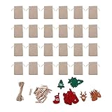 24 Stück kleine Taschen mit Kordelzug, Weihnachtsgeschenktüten, Adventskalender, wiederverwendbare Countdown-Taschen zum Aufhängen für Süßigkeiten-Schmuck (beige)