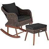 TecTake Alu Poly Rattan Schaukelstuhl mit Fußbank, Outdoor Schaukelsessel und Fußhocker, Gestell aus Aluminium & Holz, Sessel mit Hocker für Garten Terrasse Balkon, inkl. Polster und Kissen (braun)