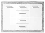 Stella Trading STONE Kommode mit Schubladen in Beton Optik, Weiß Hochglanz - Moderne Kommode mit viel Stauraum für Ihren Wohnbereich - 117 x 88 x 37 cm (B/H/T)