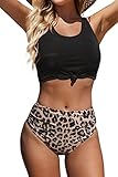 Beachsissi Damen Hoch taillierte Bademode Leopardenmuster Zweiteilige Badeanzüge Knotenfront Bikini Sets, Schwarz, M