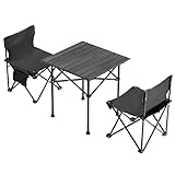 3 Teiliges Klapp Campingtisch und Stühle Set Tragbarer Leichter Picknicktisch Aufrollbarer Klapptisch Tisch mit Tragetasche für Outdoor Aktivitäts Reisecamp Organisatoren(Color:Schwarz)