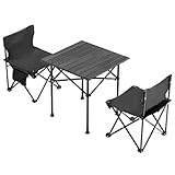 3 Teiliges Klapp Campingtisch und Stühle Set Tragbarer Leichter Picknicktisch Aufrollbarer Klapptisch Tisch mit Tragetasche für Outdoor Aktivitäts Reisecamp Organisatoren(Color:Schwarz)