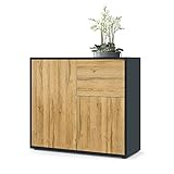 Vladon Sideboard Ben, Kommode mit 2 Türen und 2 Schubladen, Schwarz matt/Eiche Natur (79 x 74 x 36 cm)