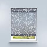 HongYa Raffrollo ohne Bohren Transparente Raffgardine Voile Ösenrollo Küche Kleinfenster Gardine mit Hakenösen Äste Muster H/B 140/80 cm Grau