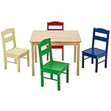 LIFEZEAL Kindersitzgruppe, Kindertisch mit 4 Stühlen multifunktional, Kinder Tisch Stuhl Set Sitzgruppe für Kinder ab 3 Jahren, Lerntisch für den Kindergarten, Wohnzimmer (Natur Tisch & Bunte Hocker)